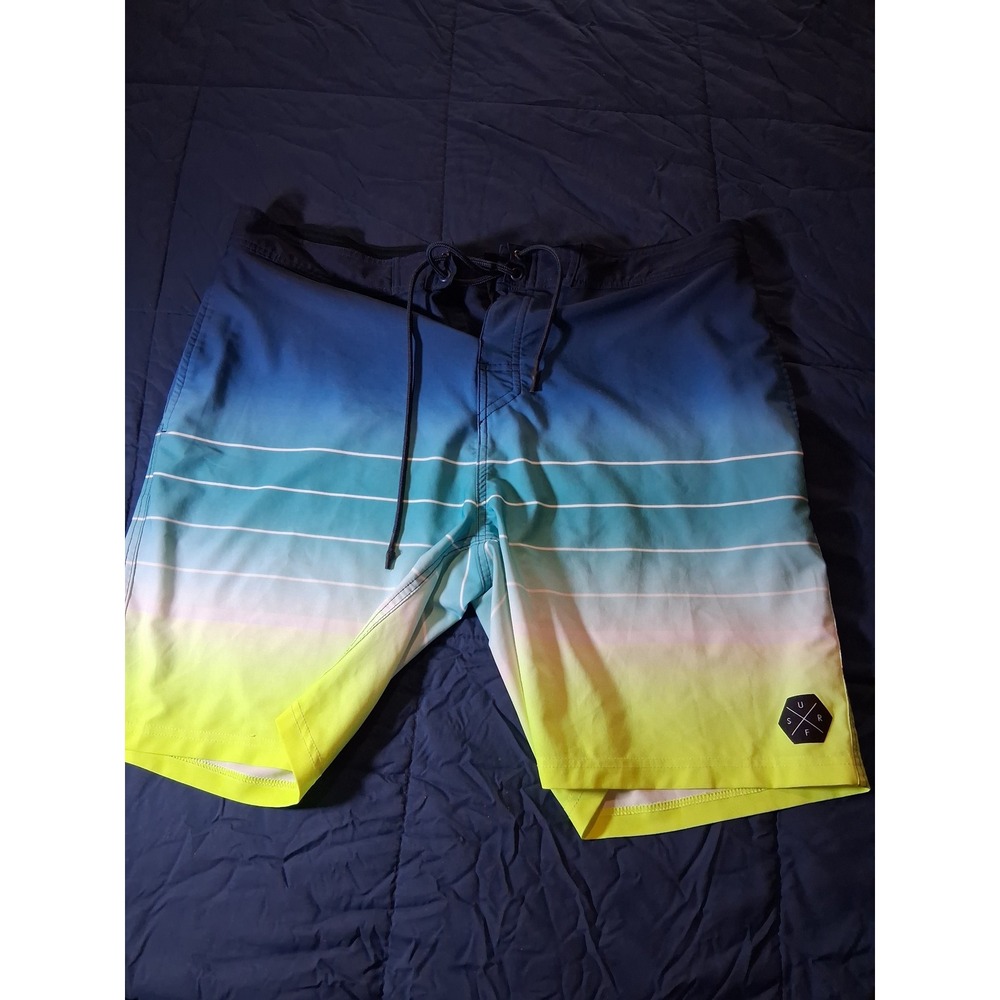 No Boundaries Mens‎ Board Shorts Size 38 Blue Yellow Ombre Striped Swim Trunks
